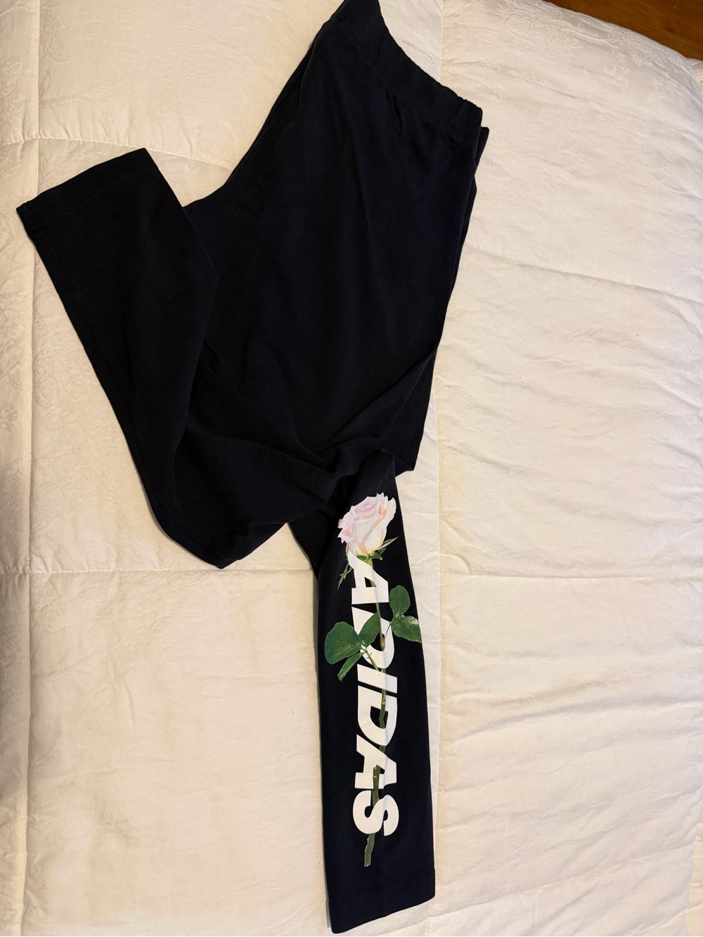 adidas Black Kids Leggings with White Logo and Pink Rose